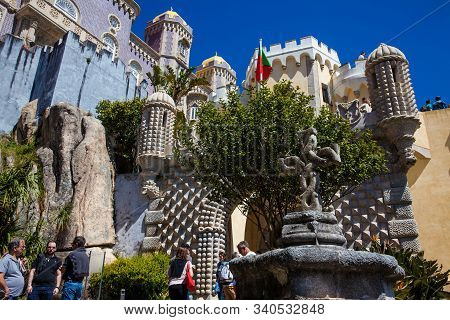 Sintra, Portugal - May, 2018: Tourists Visiting The Pena Palace A Romanticist Castle Located In Sao 