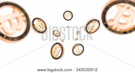 Bitcoin Mining Isolated On White Background. Gold Falling Cryptocash. Litecoin, Ethereum Cryptocurre