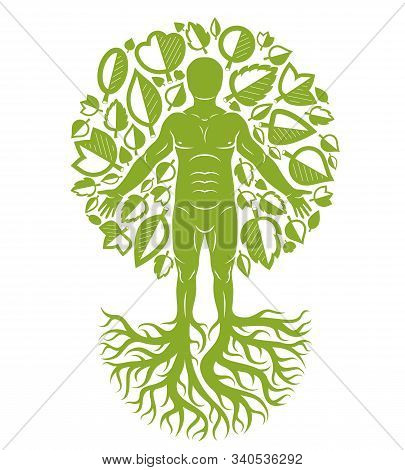 Vector Illustration Of Human Being Created As Continuation Of Tree With Strong Roots And Made Using