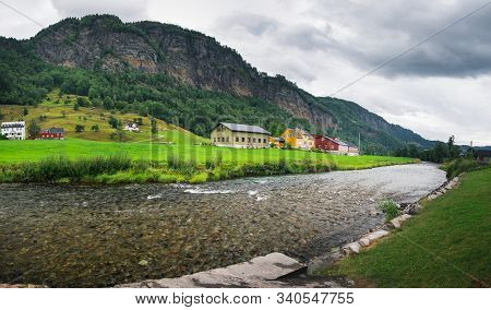 Picturesque View Of Steinsdalselva River Near Steinsdalfossen Waterfall In Steine, Norway. Rural Nor
