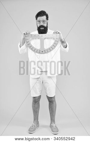 Student Using Measuring Instrument. Barber Hairdresser Salon. Maintain Beard Shape. Bearded Nerd Wit