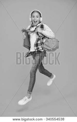 Flying Like Arrow To Lesson. Energetic Child Hurry To Music Lesson. Little Cute Girl Run To School L