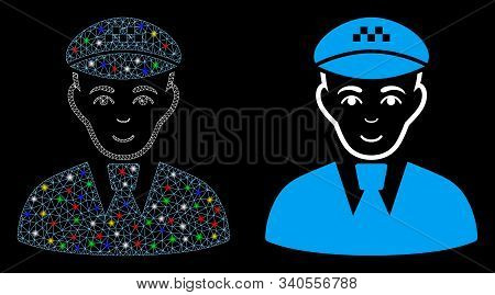Flare Mesh Taxi Driver Icon With Glare Effect. Abstract Illuminated Model Of Taxi Driver. Shiny Wire