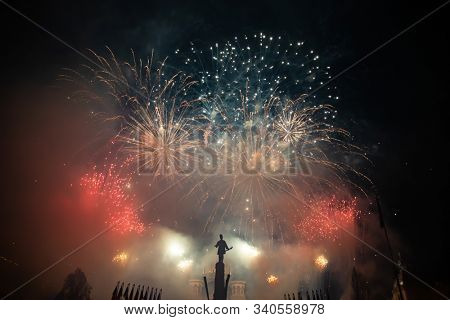 Fireworks in Cluj-Napoca, Romania. Romania celebrating national day on December 1.
