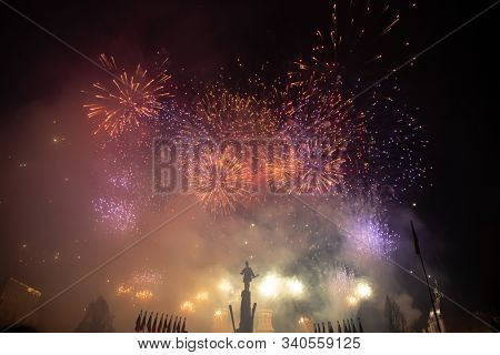 Fireworks in Cluj-Napoca, Romania. Romania celebrating national day on December 1.