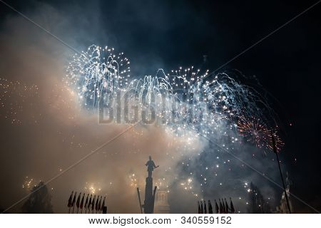 Fireworks in Cluj-Napoca, Romania. Romania celebrating national day on December 1.