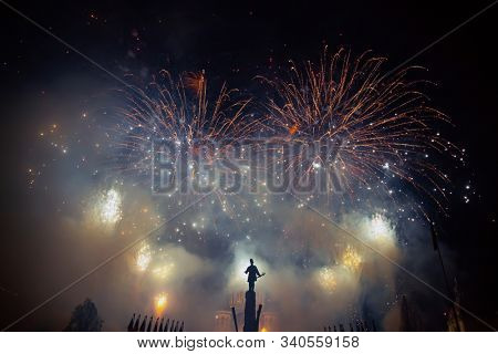 Fireworks in Cluj-Napoca, Romania. Romania celebrating national day on December 1.