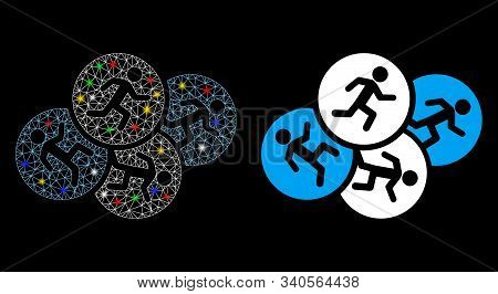 Bright Mesh Running Men Icon With Glitter Effect. Abstract Illuminated Model Of Running Men. Shiny W