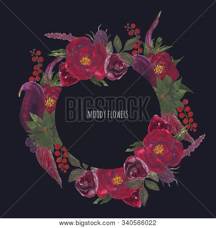Hand-drawn Gouache Textured Set Of Flowers, Leaves And Berries In The Style Of Moody Flowers On The 