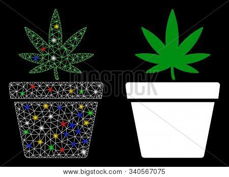 Bright Mesh Cannabis Pot Icon With Glare Effect. Abstract Illuminated Model Of Cannabis Pot. Shiny W
