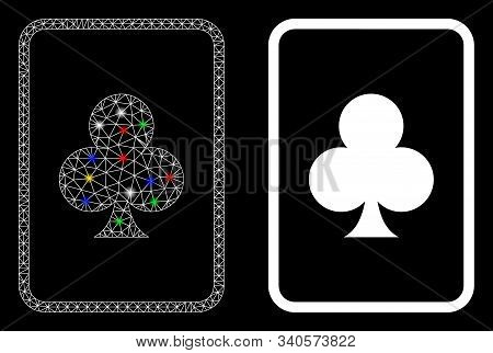 Glowing Mesh Clubs Gambling Card Icon With Lightspot Effect. Abstract Illuminated Model Of Clubs Gam
