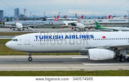 Istanbul, Turkey - Sep 30, 2018. Tc-jnh Turkish Airlines Airbus A330-300 Taxiing On Runway Of Istanb