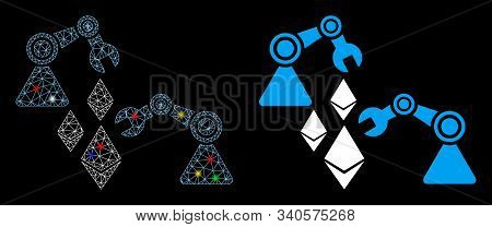 Glowing Mesh Ethereum Mine Robotics Icon With Glitter Effect. Abstract Illuminated Model Of Ethereum