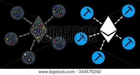 Glossy Mesh Ethereum Mining Pool Icon With Glitter Effect. Abstract Illuminated Model Of Ethereum Mi