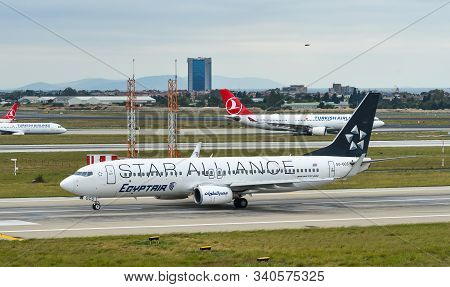 Istanbul, Turkey - Sep 30, 2018. Su-gcs Egyptair Boeing 737-800 (star Alliance) Taxiing On Runway Of