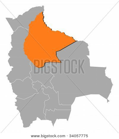 แผนที่ของโบลิเวีย Beni เน้น