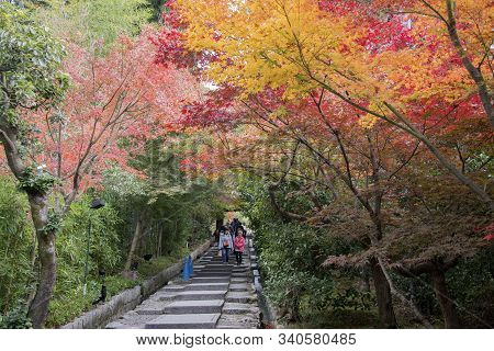 Kyoto, Japan- 27 Nov, 2019: People Visit Daidokoro-zaka Stone Steps That Connects Neneno Michi Road 