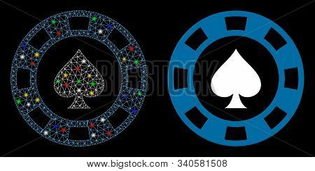 Bright Mesh Spades Casino Chip Icon With Glare Effect. Abstract Illuminated Model Of Spades Casino C