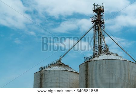 Agricultural Silo At Feed Mill Factory. Silo For Store And Drying Grain, Wheat, Corn At Farm. Agricu