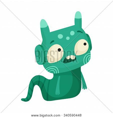 Funny Monster With Horns Creeping On The Ground Vector Illustration
