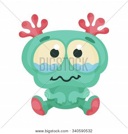 Cute Monster Sitting With His Eyes Full Of Tears Vector Illustration
