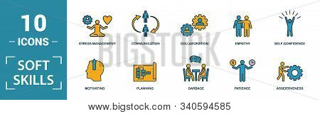 Soft Skills Icon Set. Include Creative Elements Team Spirit, Personality, Self-promotion, Motivating