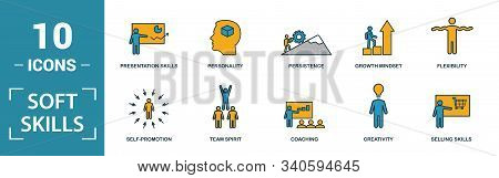 Soft Skills Icon Set. Include Creative Elements Team Spirit, Personality, Self-promotion, Motivating