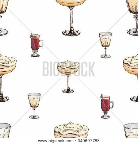 Vector Seamless Pattern With New Year Drinks Isolated On White. Christmas Print With Beverages. Endl