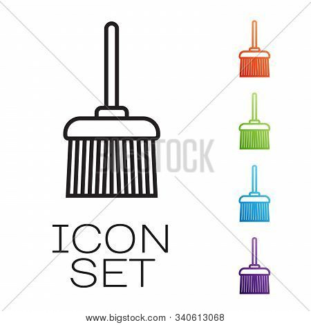 Black Line Handle Broom Icon Isolated On White Background. Cleaning Service Concept. Set Icons Color