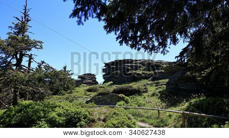 Marked Tourist Walking Path Leading Through The Rocks Of Vozka Peak (1377), Jeseniky, Czech Republic
