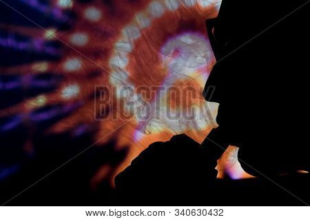 Man With Electronic Cigarette And Smoke Vapping With Neon Lights Background Help Quit Smoking Tobacc