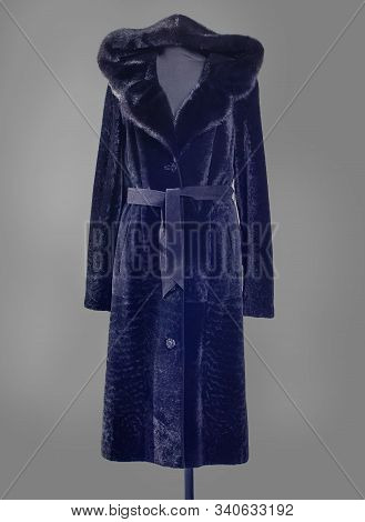 Long Fur Coat From A Muton With A Hood Trimmed With Mink Fur In Dark Blue For The Catalog