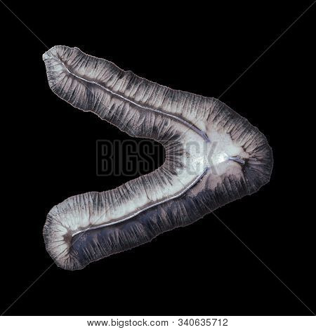 Symbol right angle bracket made of forged metal in the center of circle isolated on black background. 3d rendering