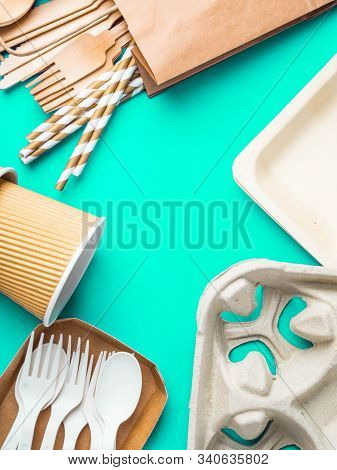 Eco Friendly Wooden And Paper Cutlery, Biodegradable, Disposable Kitchenware Of Natural Materials. E