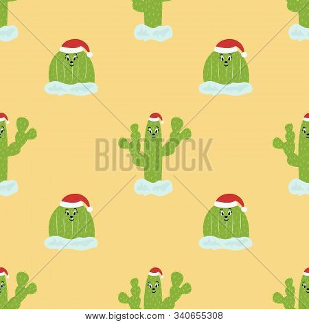 Seamless Christmas Pattern With Cute Cactus. Vector Illustration.
