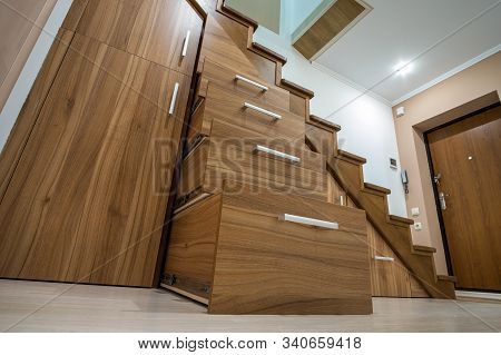 Modern Architecture Interior With Luxury Hallway With Glossy Wooden Stairs In Multi-storey House. Cu