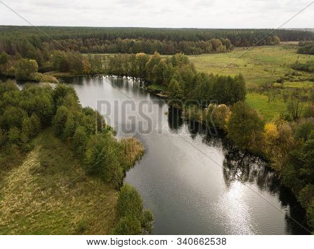 Aerial View Of River Snov In Autumn Near Village Of Sednev, Chernihiv Region, Ukraine.