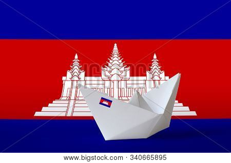 Cambodia Flag Depicted On Paper Origami Ship Closeup. Handmade Arts Concept