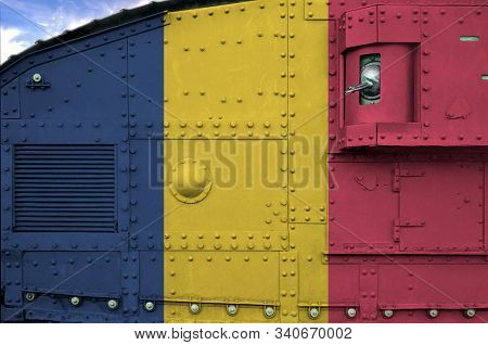 Chad Flag Depicted On Side Part Of Military Armored Tank Closeup. Army Forces Conceptual Background
