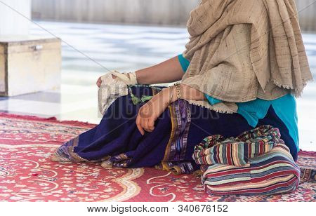 Religious Woman Chants Maha Mantra. Japa Meditation Worship The Holy Names Of God.