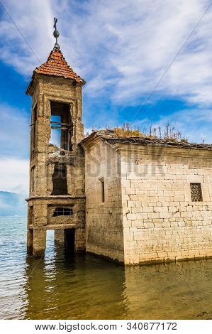 Flooded Old Saint Nicholas Church - Mavrovo, Mavrovo And Rostusa Municipality, North Macedonia, Euro