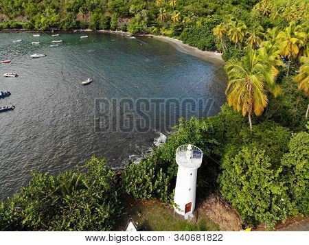 Guadeloupe Beach Drone Sunset View. Harbor Bay Aerial View In Marigot.