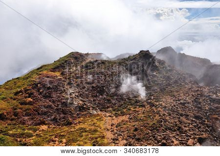 Volcano La Soufriere Crater In Guadeloupe. Natural Landmark Active Volcano.