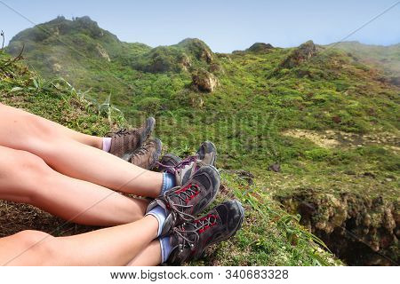 Volcano La Soufriere Hike In Guadeloupe. Tourist Legs On The Summit.
