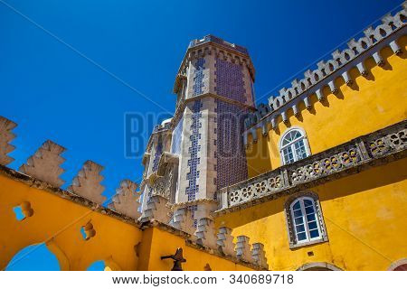 Sintra, Portugal - May, 2018: Detail Of The Architecture Of The Pena Palace A Romanticist Castle Loc