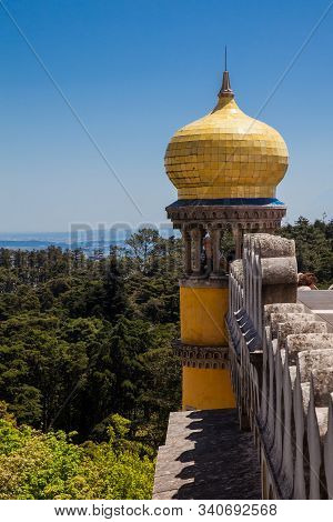 Sintra, Portugal - May, 2018: Tourists Visiting The Pena Palace A Romanticist Castle Located In Sao 