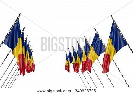 Pretty Many Romania Flags Hangs On Diagonal Poles From Left And Right Sides Isolated On White - Any 