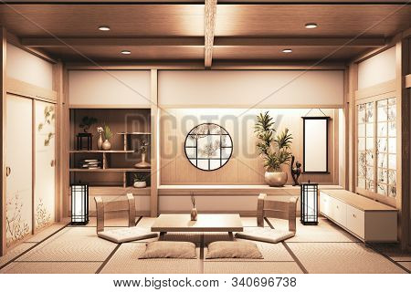 Ryokan Japanese Style On Room Wooden Very Beautiful Design. 3d Rendering