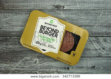 Zaandam, The Netherlands - December 20, 2019: Package Of Beyond Burger Against A Wooden Background.