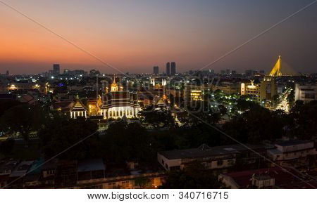 Bangkok, Thailand - November 23, 2019: View of Bangkok city in night from Golden Mountain - Wat Saket